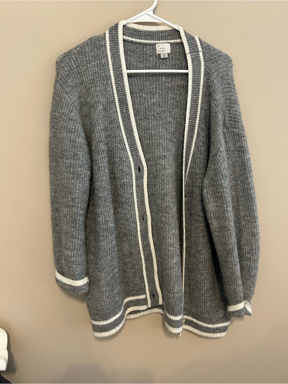 a new day Gray Ribbed Open Cardigan with White Trim